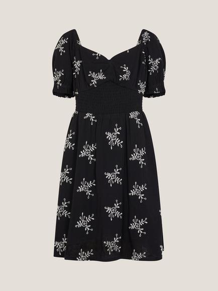Monsoon Kids' Floral Broderie Puff Sleeve Dress, Black - view 2, Black