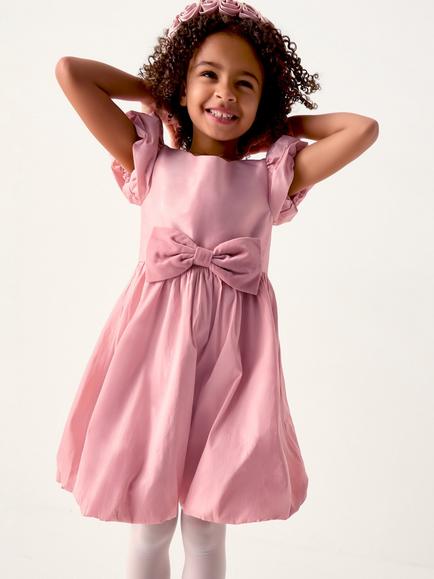 Monsoon Kids' Puff Sleeve Velvet Bow Party Dress, Dusky Pink, Dusky Pink