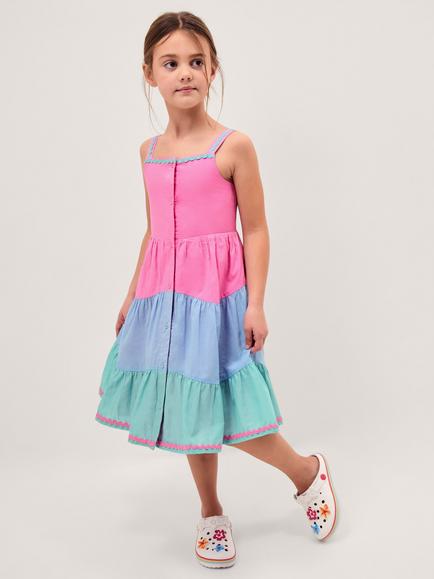 Monsoon Kids' Cotton Colour Block Sun Dress, Pink/Multi, Pink/Multi