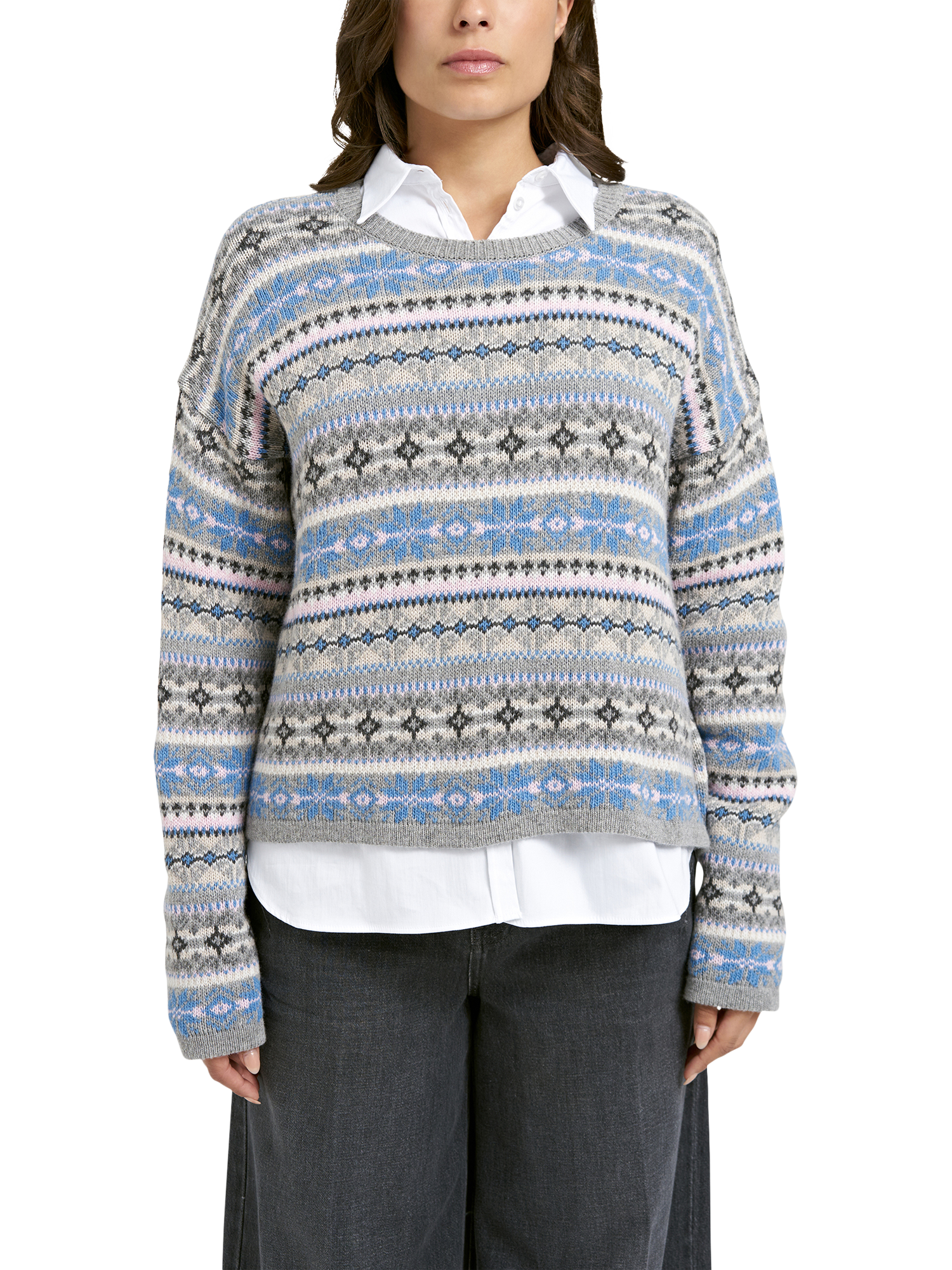 Product image 1 of 6, which shows Smith & Soul Jacquard Fair Isle Jumper, Grey/Multi, XS