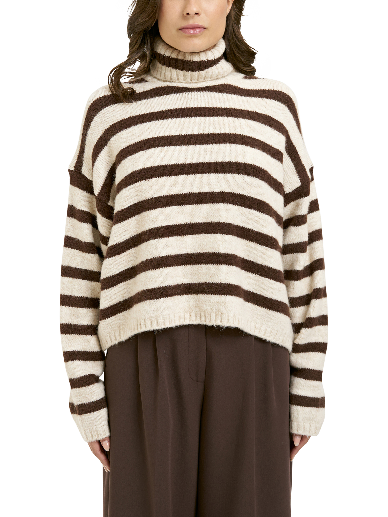 Product image 1 of 6, which shows Smith & Soul Stripe Turtleneck Jumper, Chocolate/Cream, XS