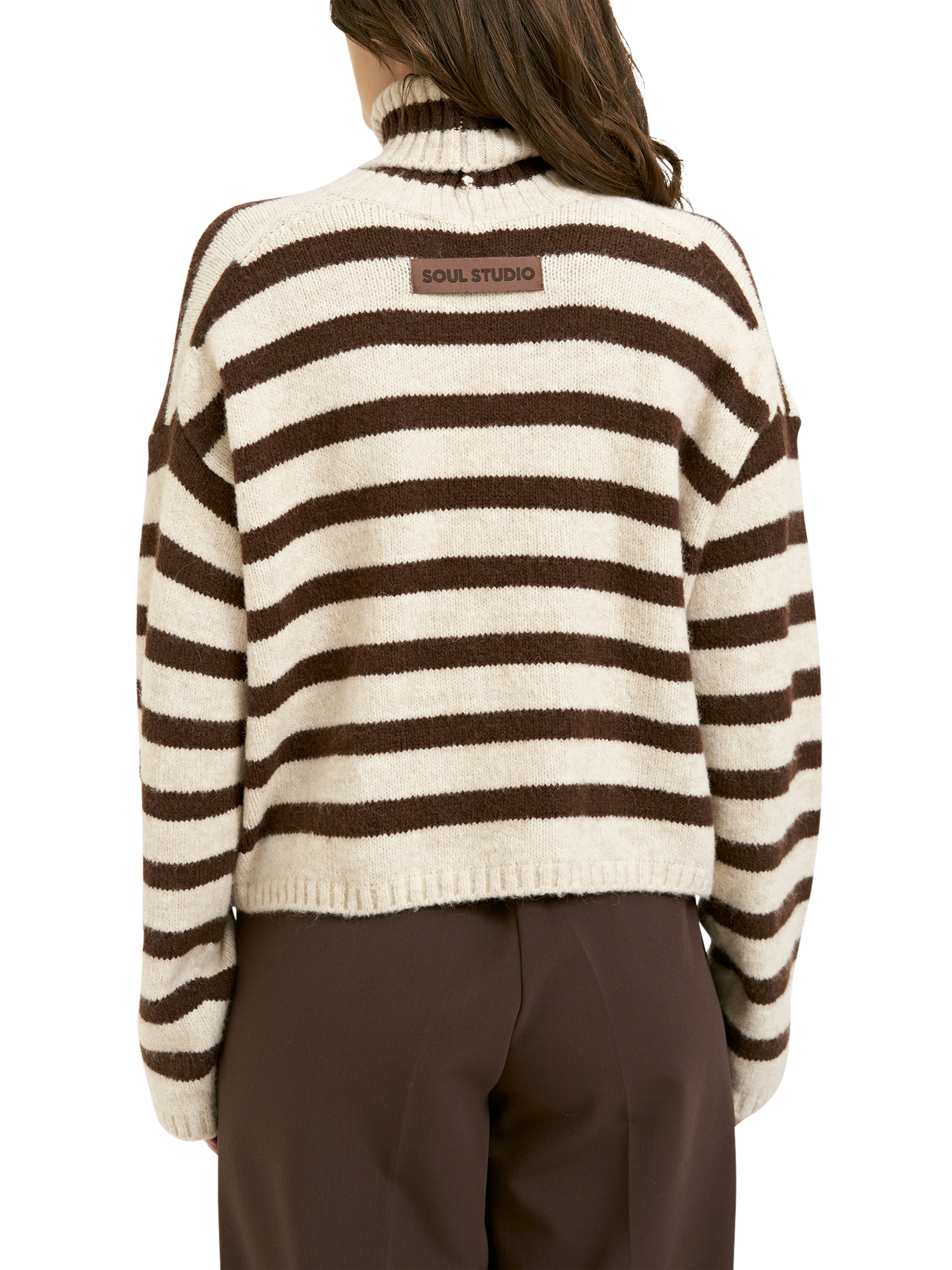 Product image 2 of 6, which shows Smith & Soul Stripe Turtleneck Jumper, Chocolate/Cream, XS