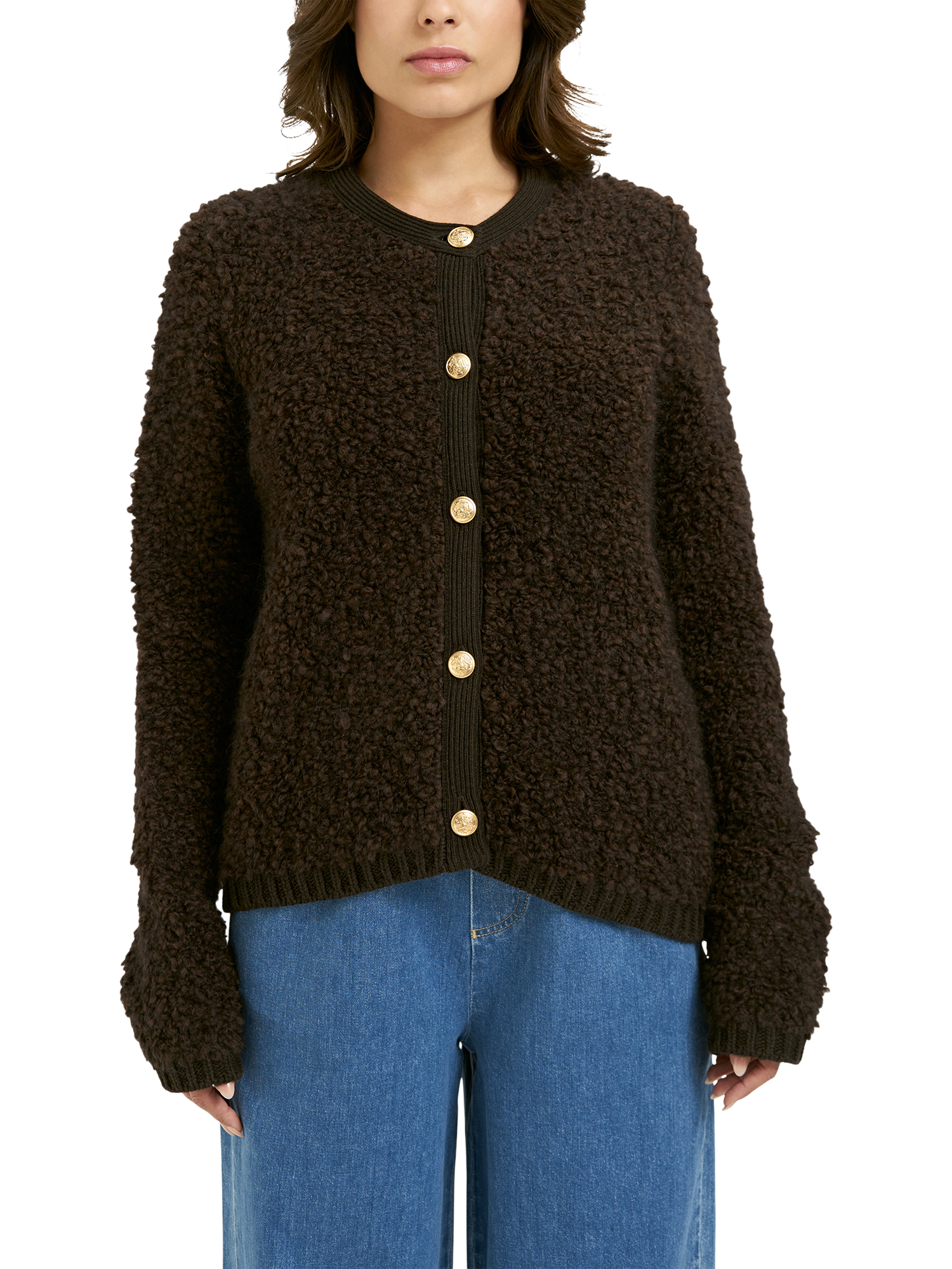 Product image 1 of 4, which shows Smith & Soul Boucle Knit Cardigan, Chocolate, XS