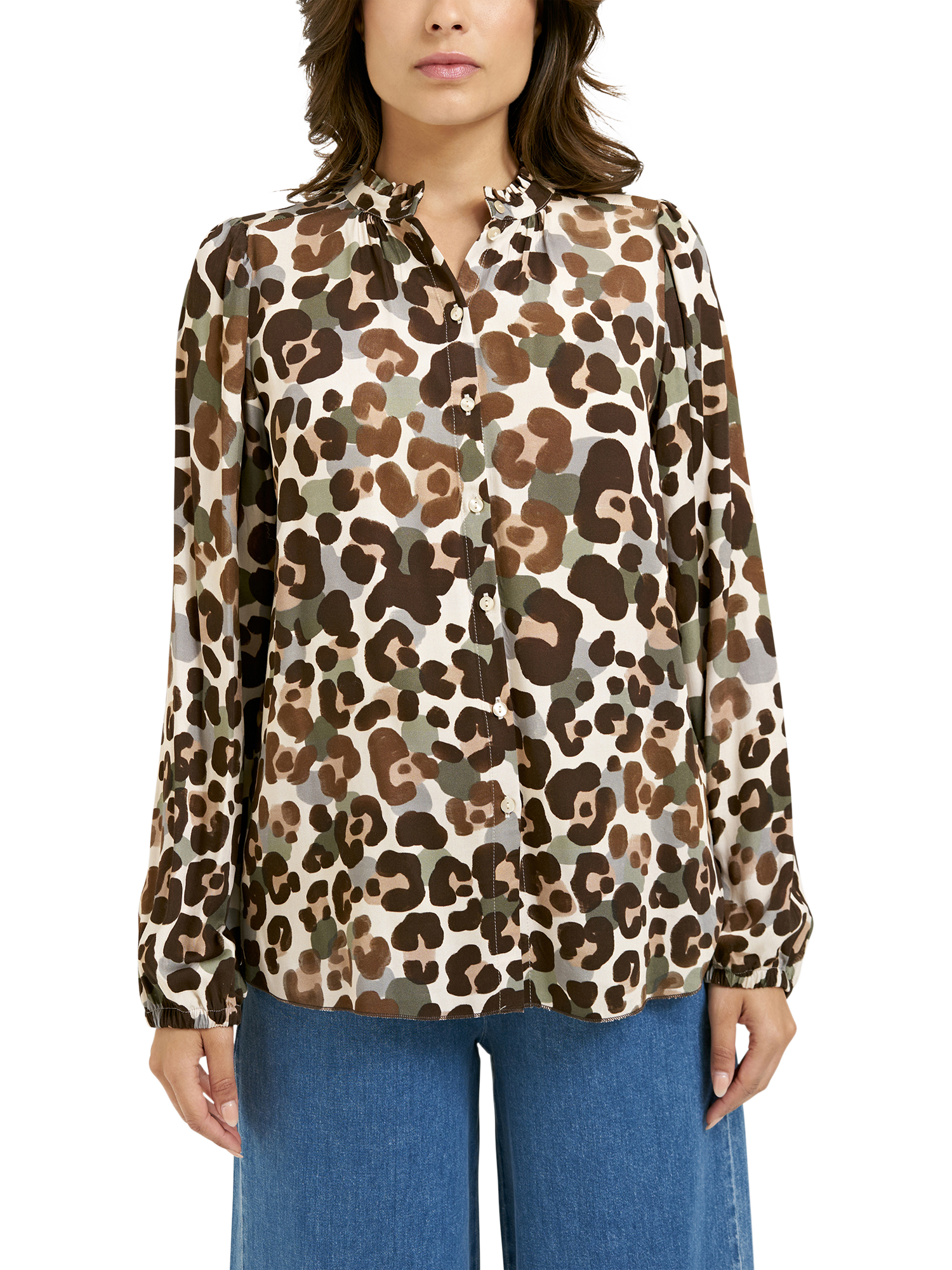 Product image 1 of 4, which shows Smith & Soul Leoaprd Print Ruffle Neck Shirt, Multi, XS