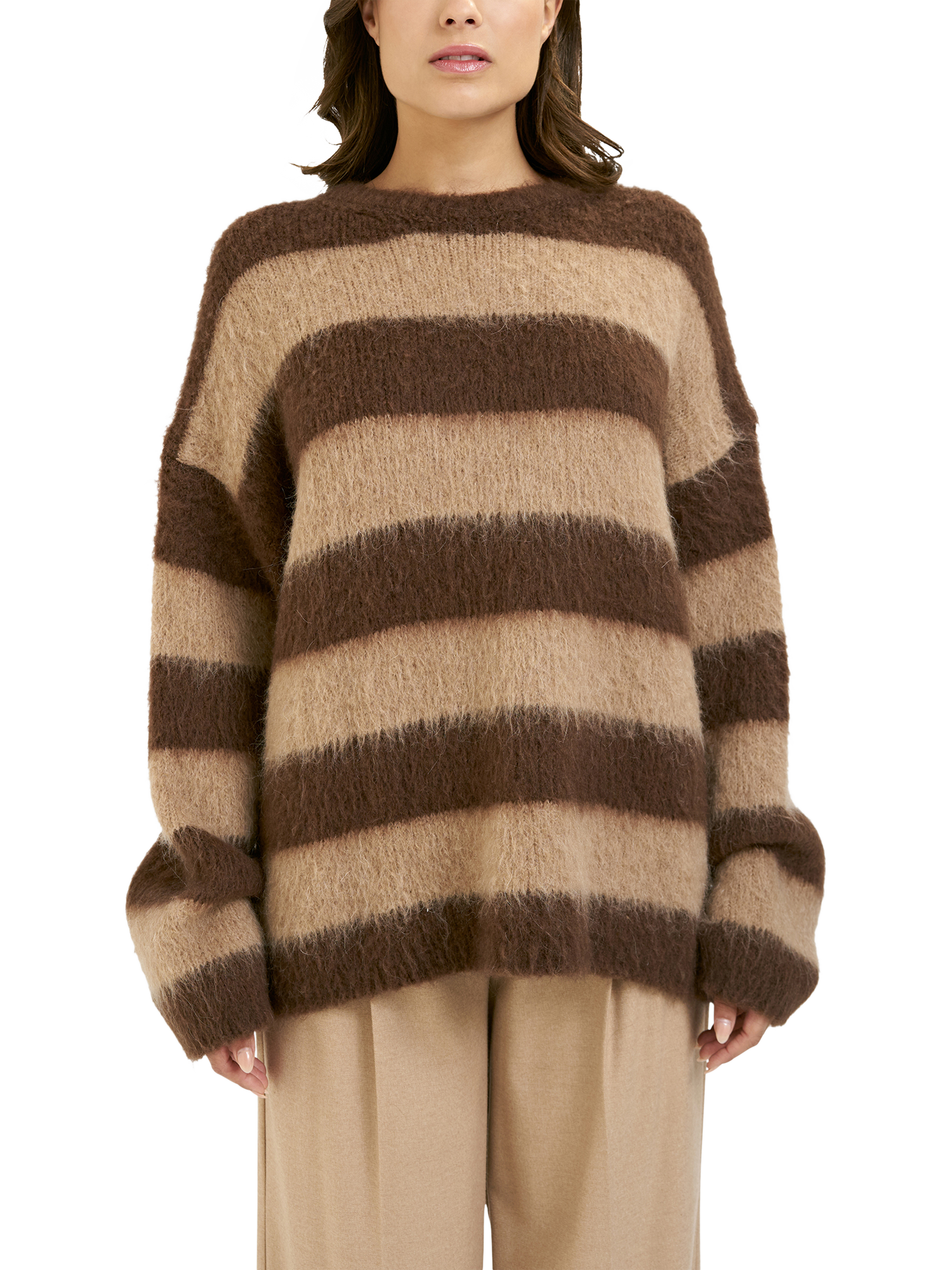 Product image 1 of 6, which shows Smith & Soul Stripe Brushed Knit Jumper, Chocolate, XS