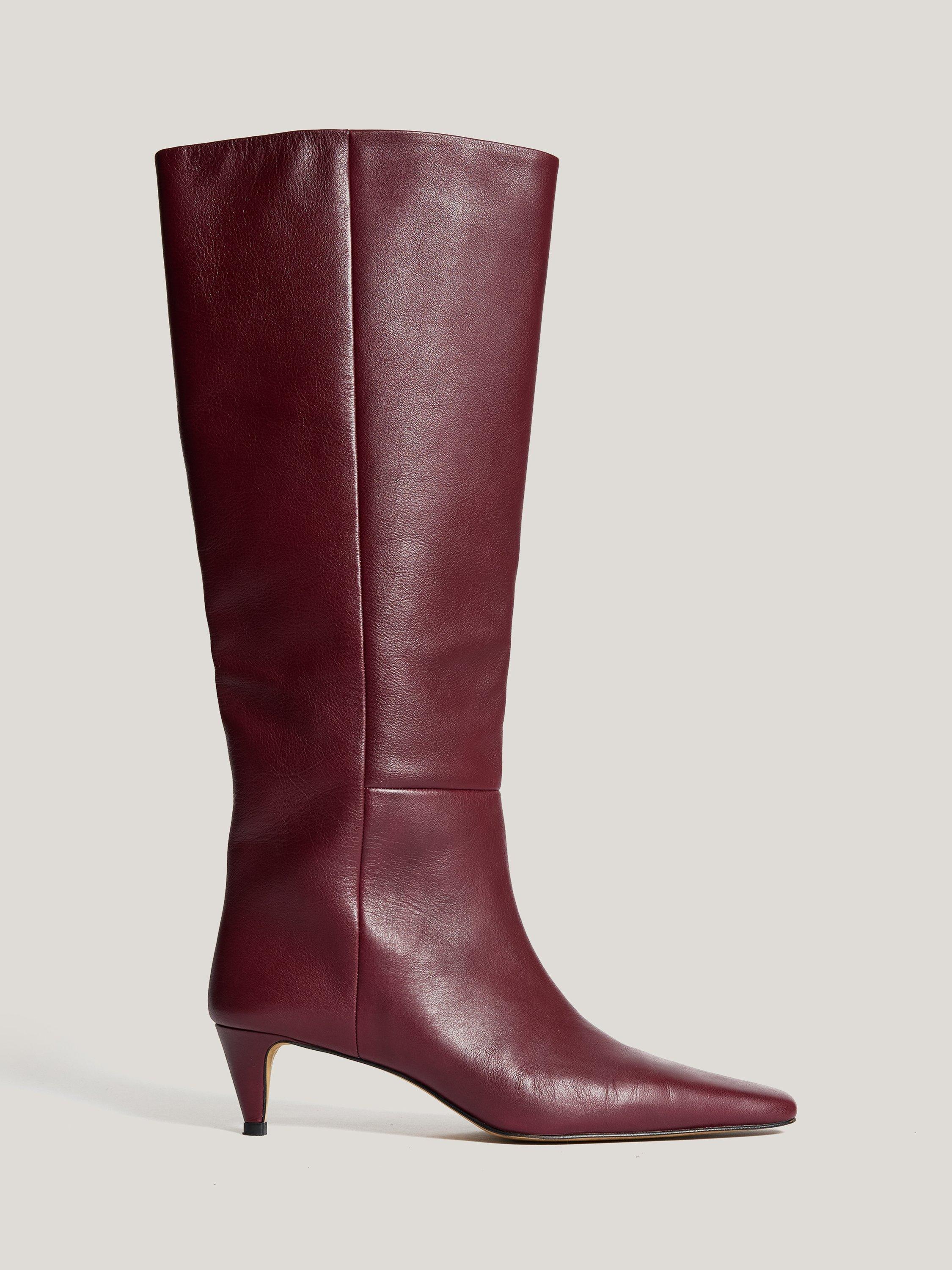 Product image 1 of 7, which shows Jigsaw Bobbi Leather Knee High Boots, Burgundy, EU36