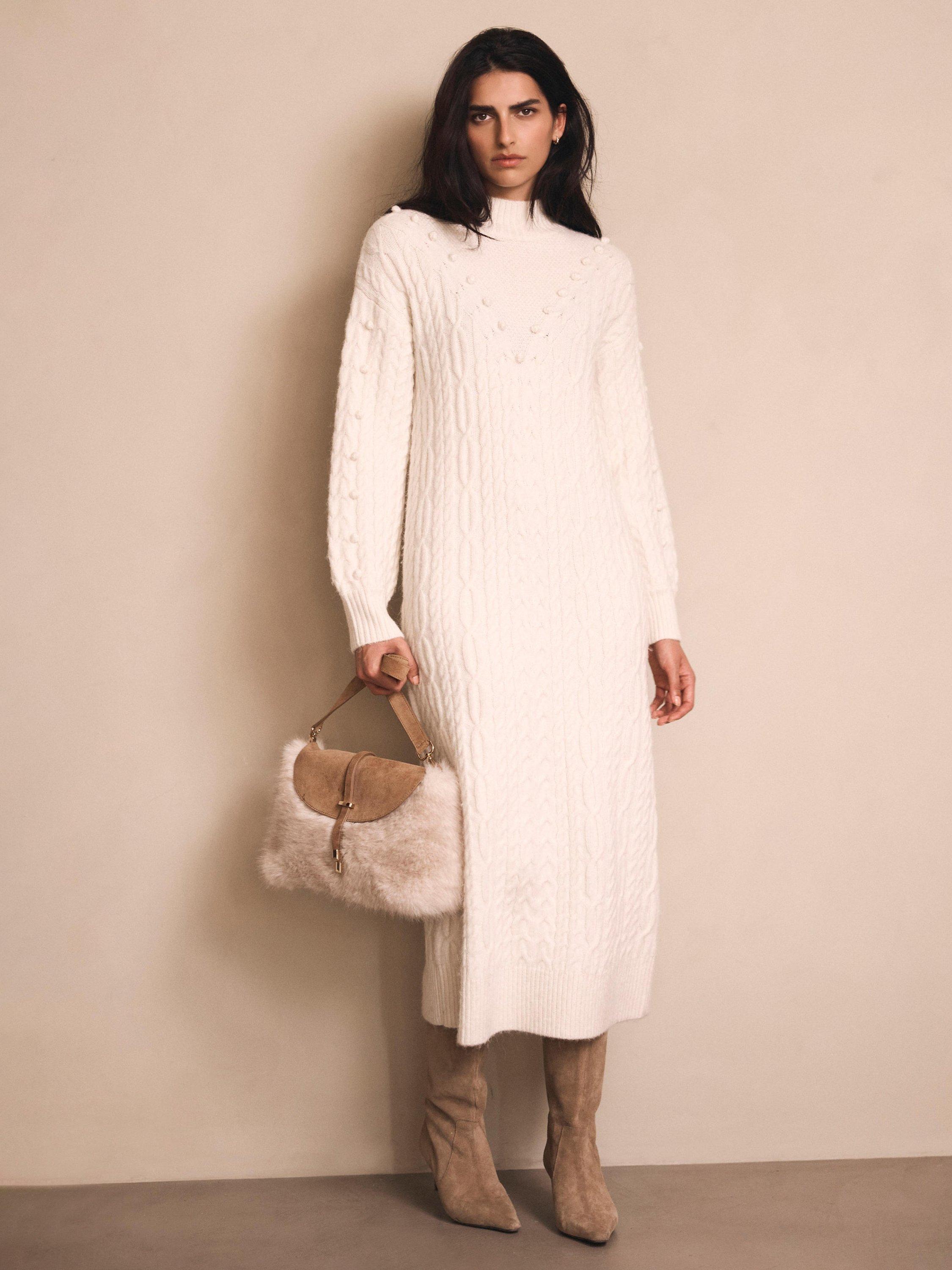 Mint Velvet Cable Knit Bobble Jumper Dress, Natural Cream