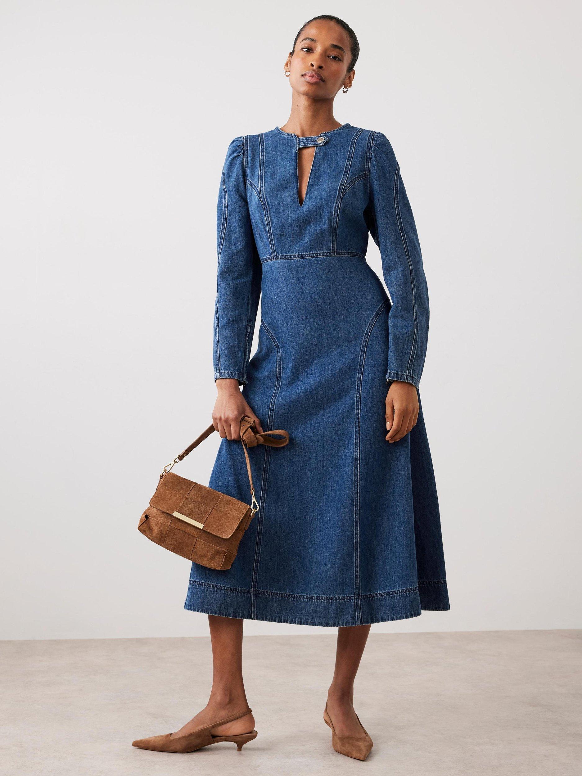 Mint Velvet Denim Detail Midi Dress, Blue/Multi