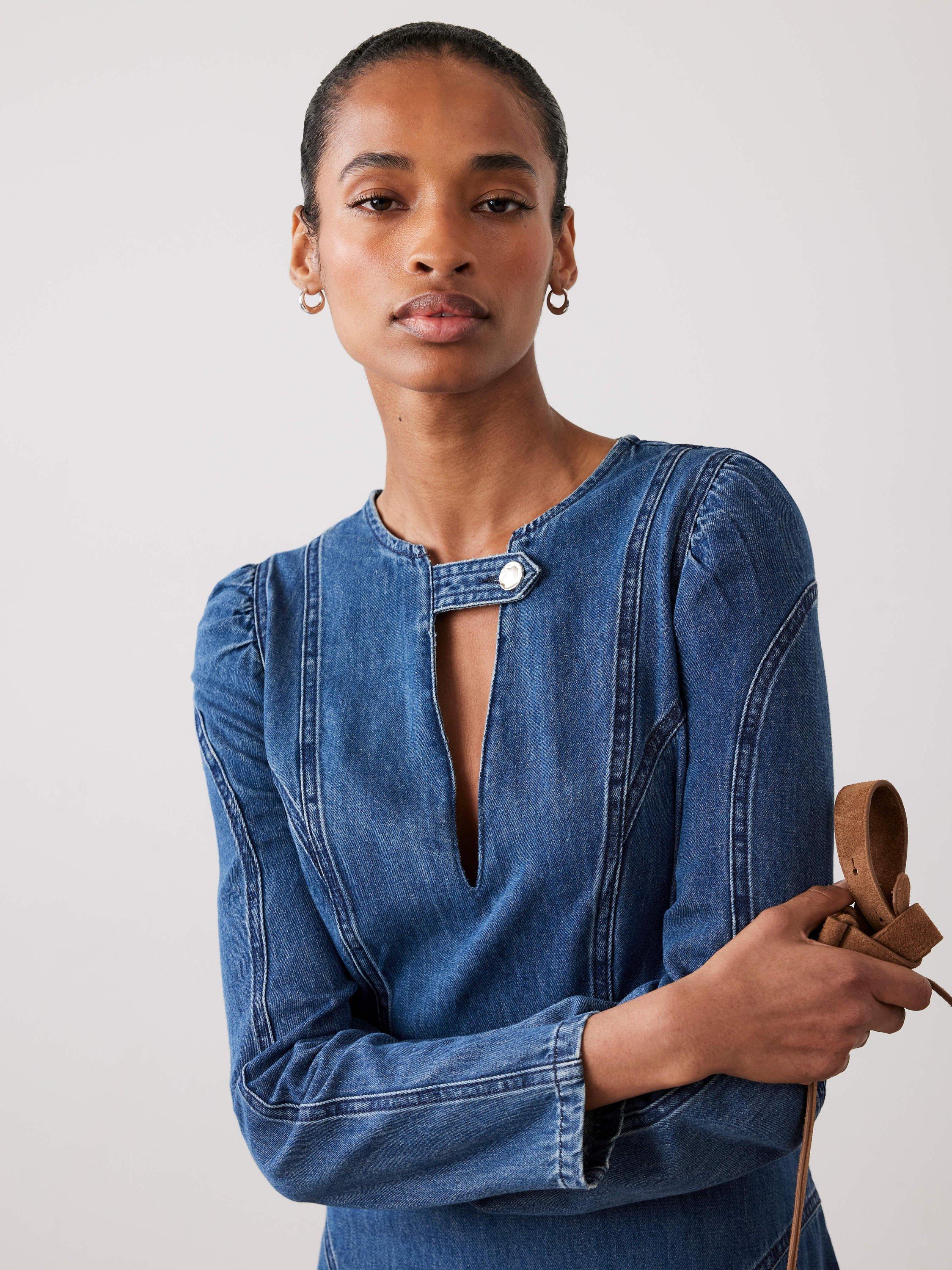 Mint Velvet Denim Detail Midi Dress, Blue/Multi