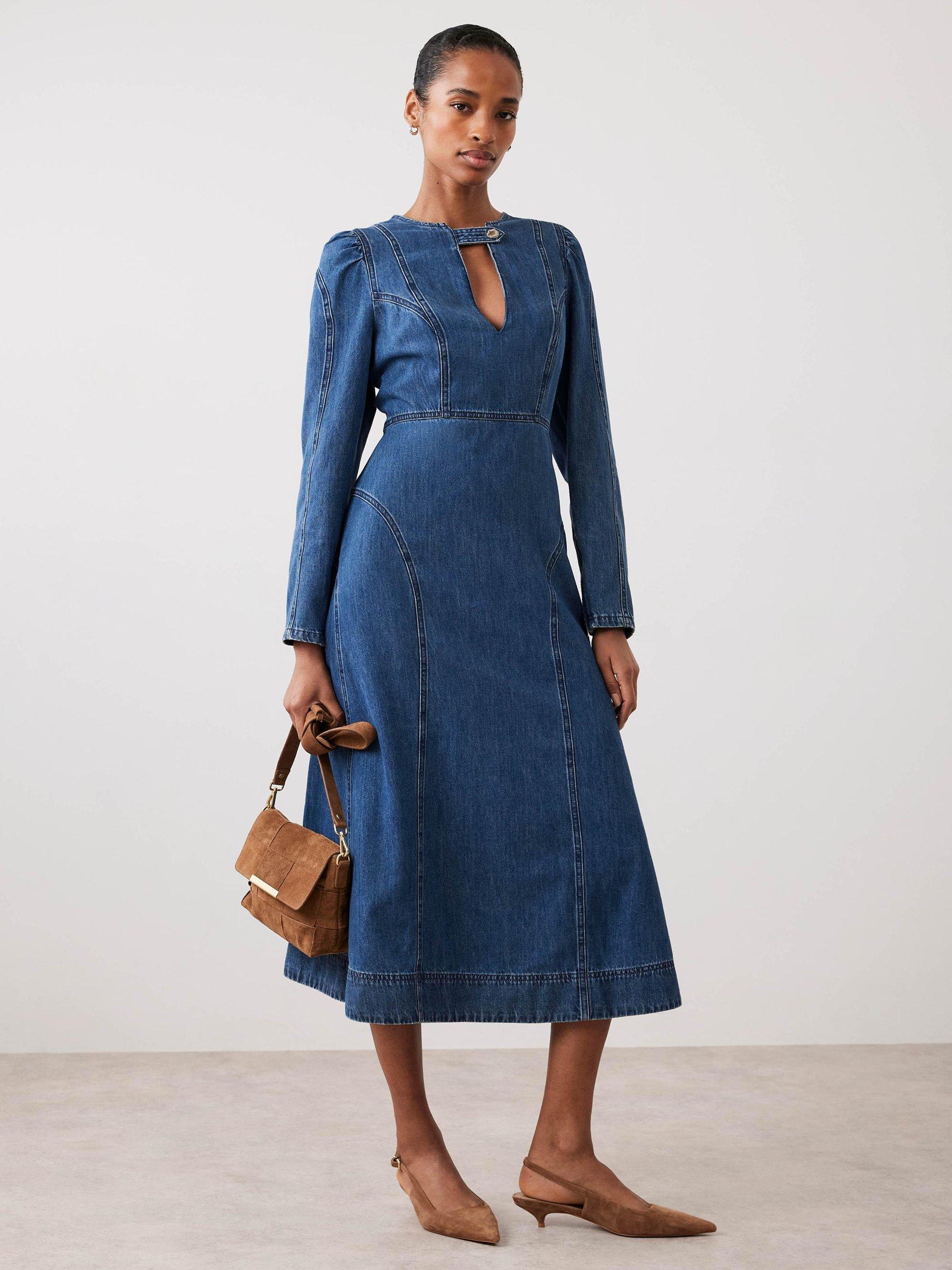 Mint Velvet Denim Detail Midi Dress, Blue/Multi