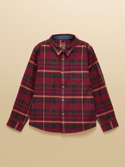Joules Kids' Cotton Flannel Long Sleeved Checked Shirt, Burgundy, Burgundy