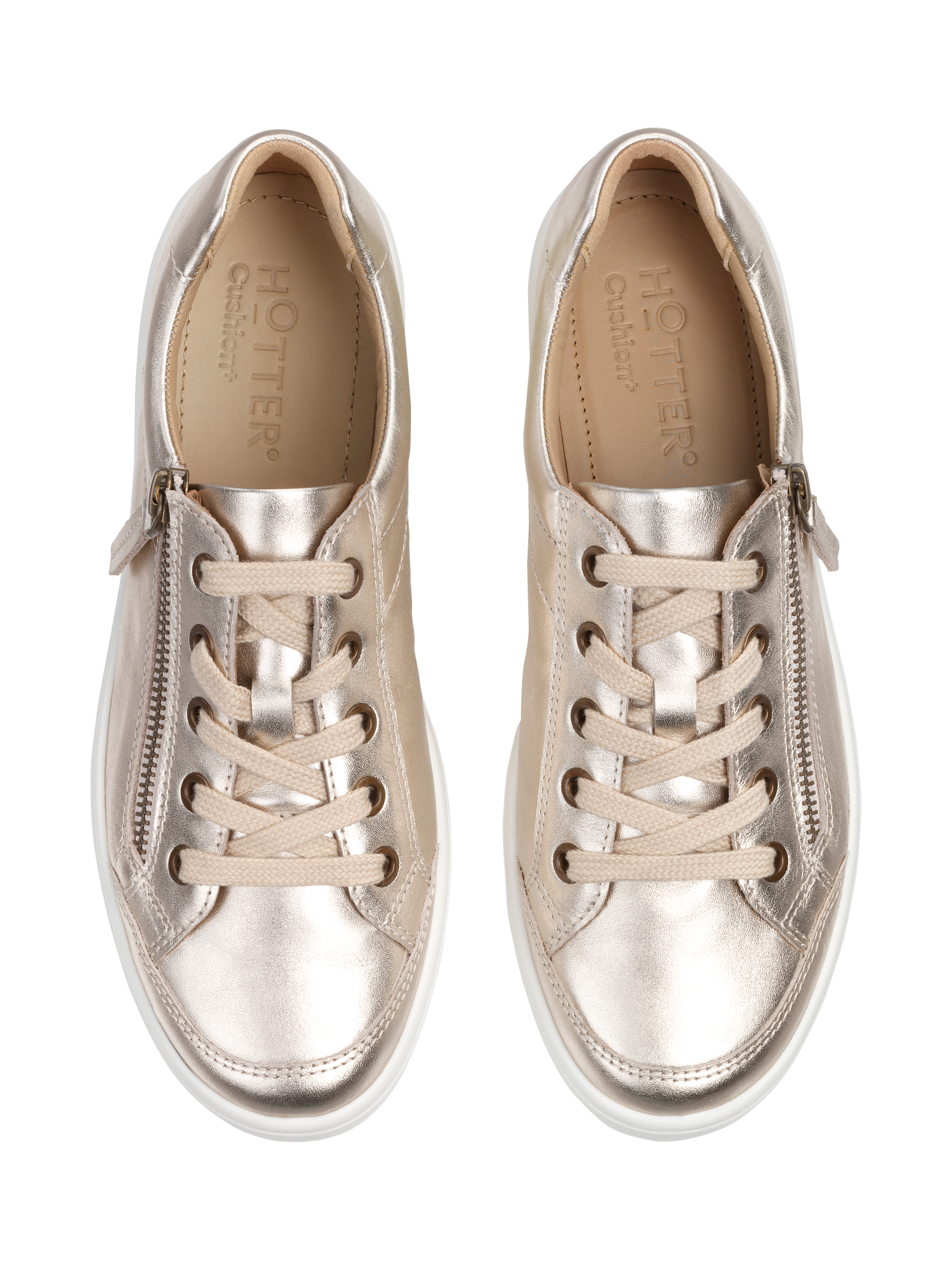 Product image 3 of 4, which shows Hotter Chase II Leather Zip and Go Trainers, Soft Gold, 3S