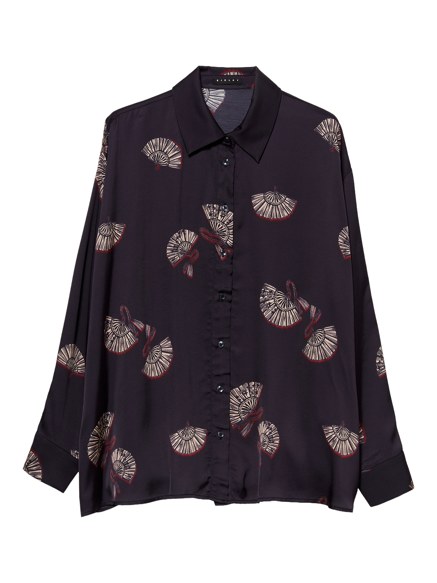 Product image 1 of 2, which shows SISLEY Oversized Satin Fan Print Shirt , Black, L