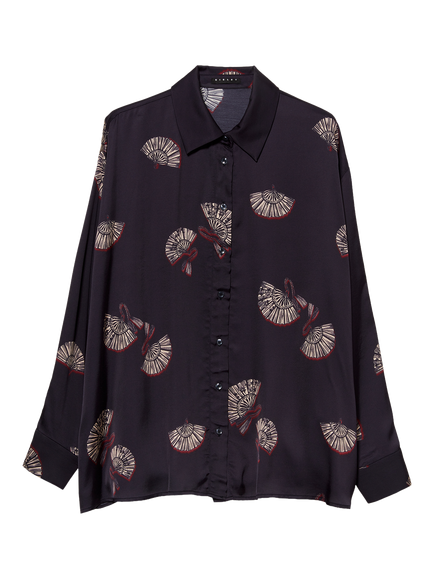 SISLEY Oversized Satin Fan Print Shirt, Black