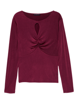 SISLEY Keyhole Neck Gathered Detail T-Shirt, Bordeaux