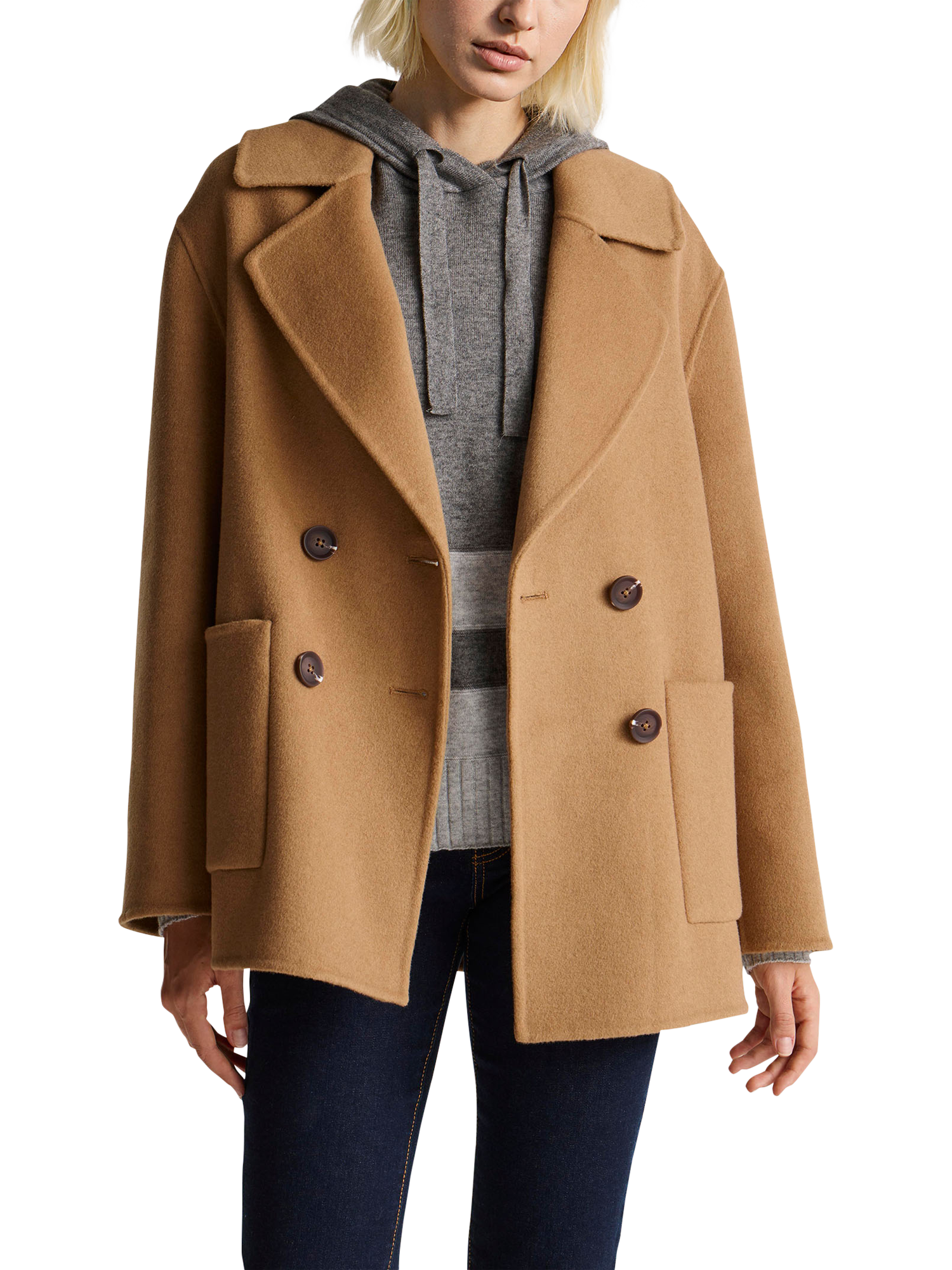 Product image 1 of 3, which shows Benetton Short Double Breasted Wool Blend Coat, Beige, XS