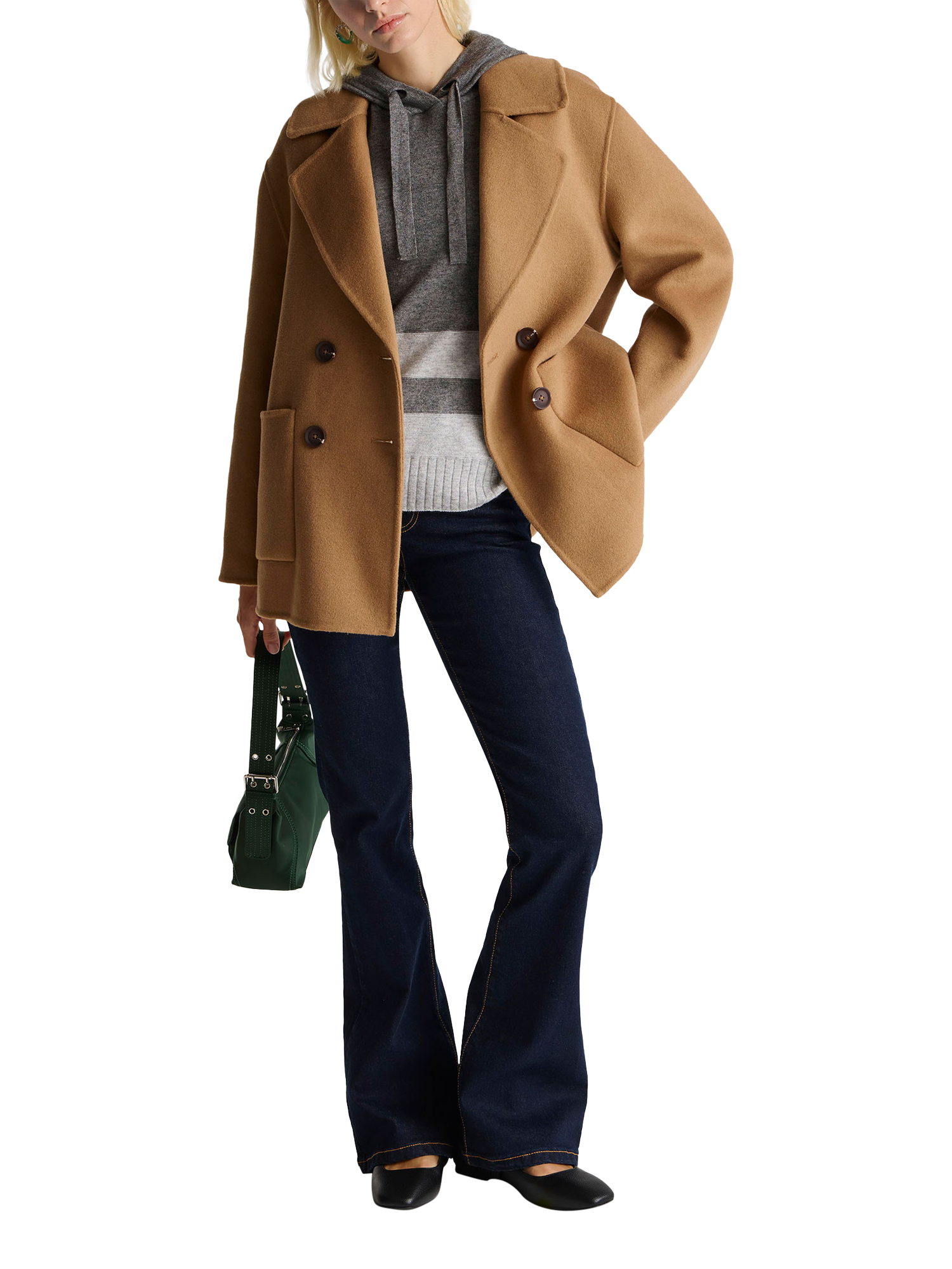Product image 3 of 3, which shows Benetton Short Double Breasted Wool Blend Coat, Beige, XS