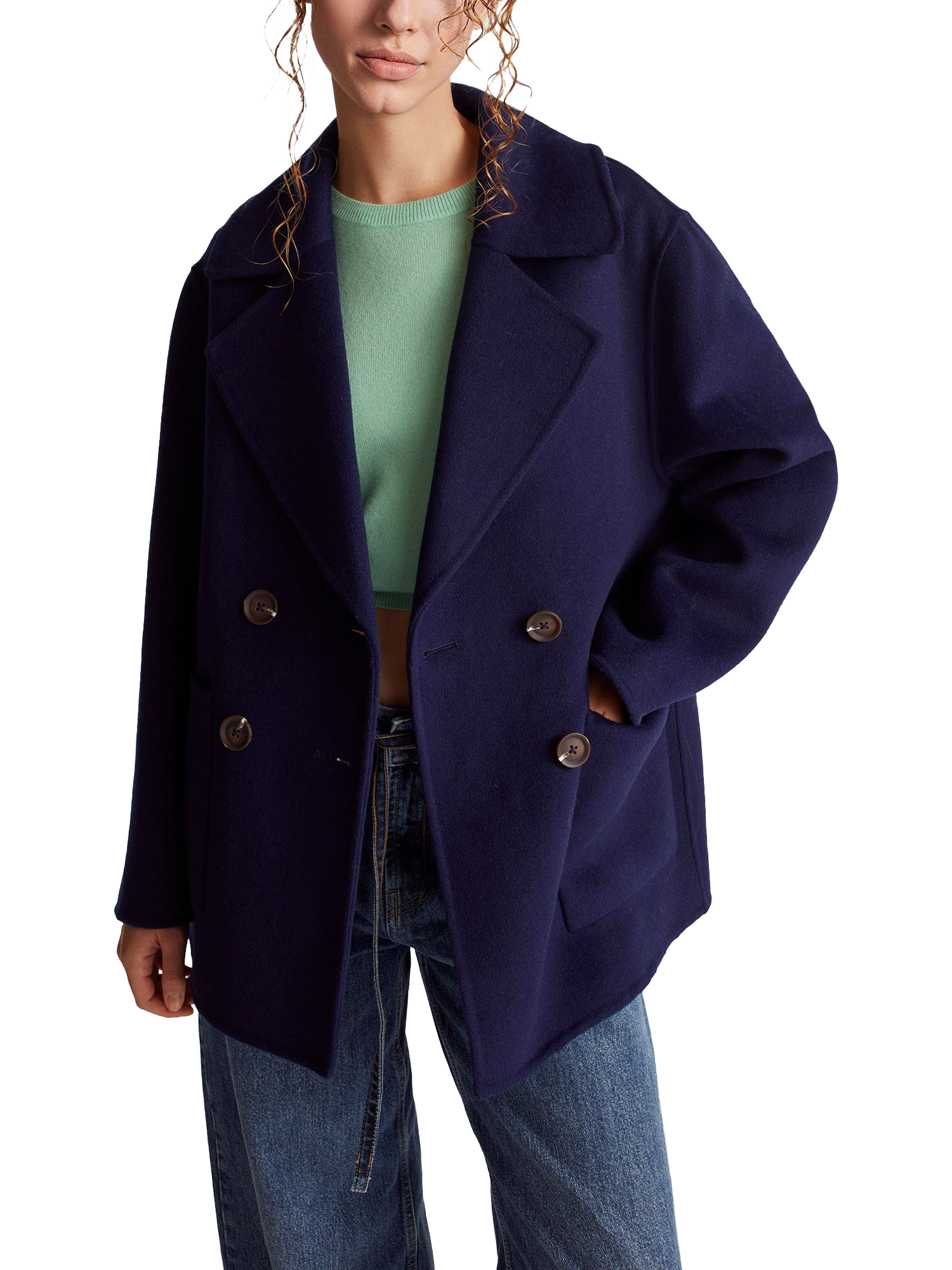 Product image 1 of 5, which shows Benetton Short Double Breasted Wool Blend Coat, Blue, XS