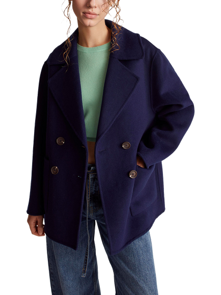 Benetton Short Double Breasted Wool Blend Coat, Blue
