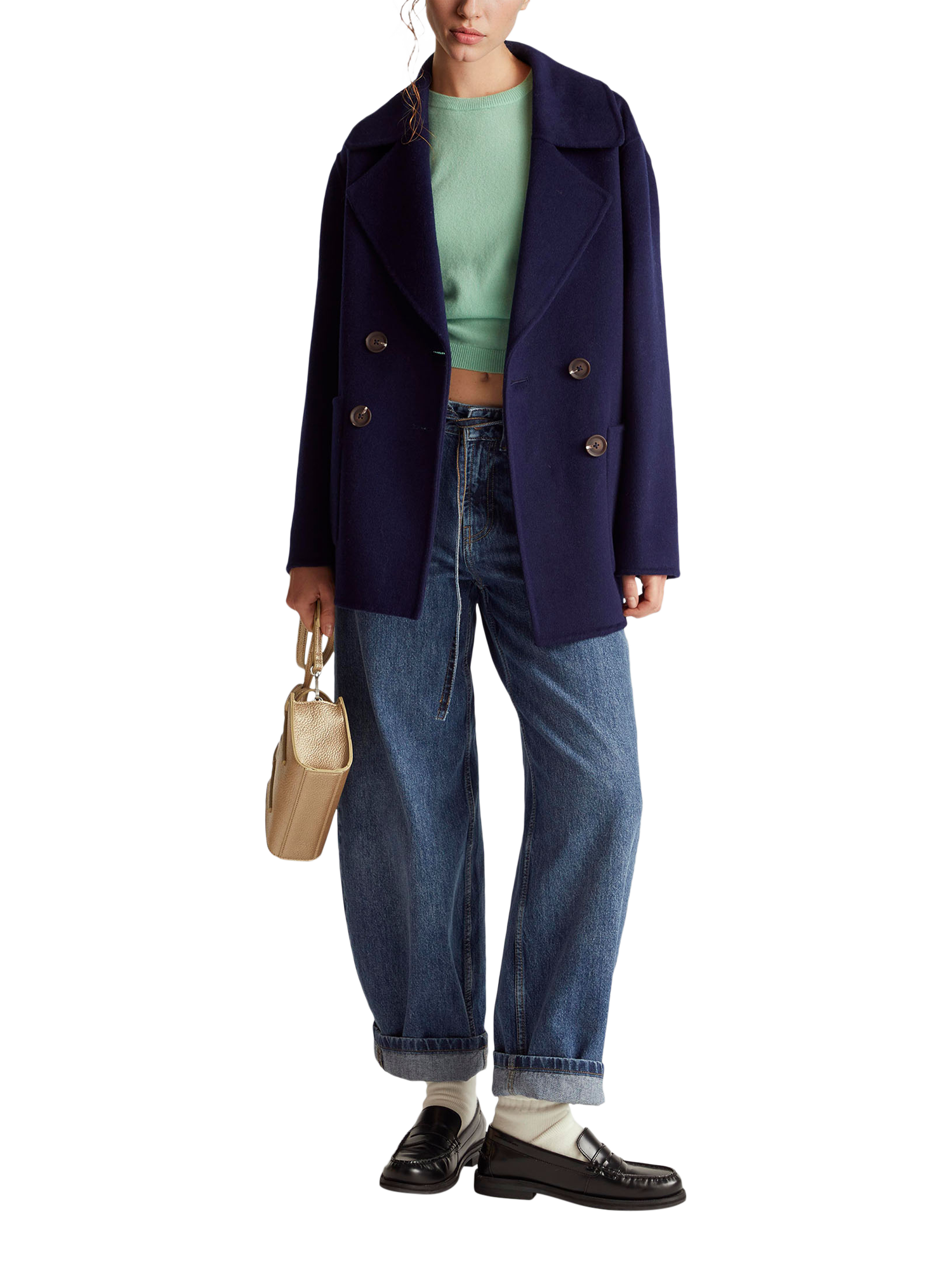 Product image 3 of 5, which shows Benetton Short Double Breasted Wool Blend Coat, Blue, XS