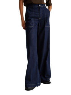 Benetton Cargo Wide Leg Cotton Denim Trousers, Blue