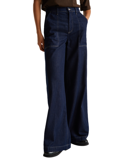 Benetton Cargo Wide Leg Cotton Denim Trousers, Blue
