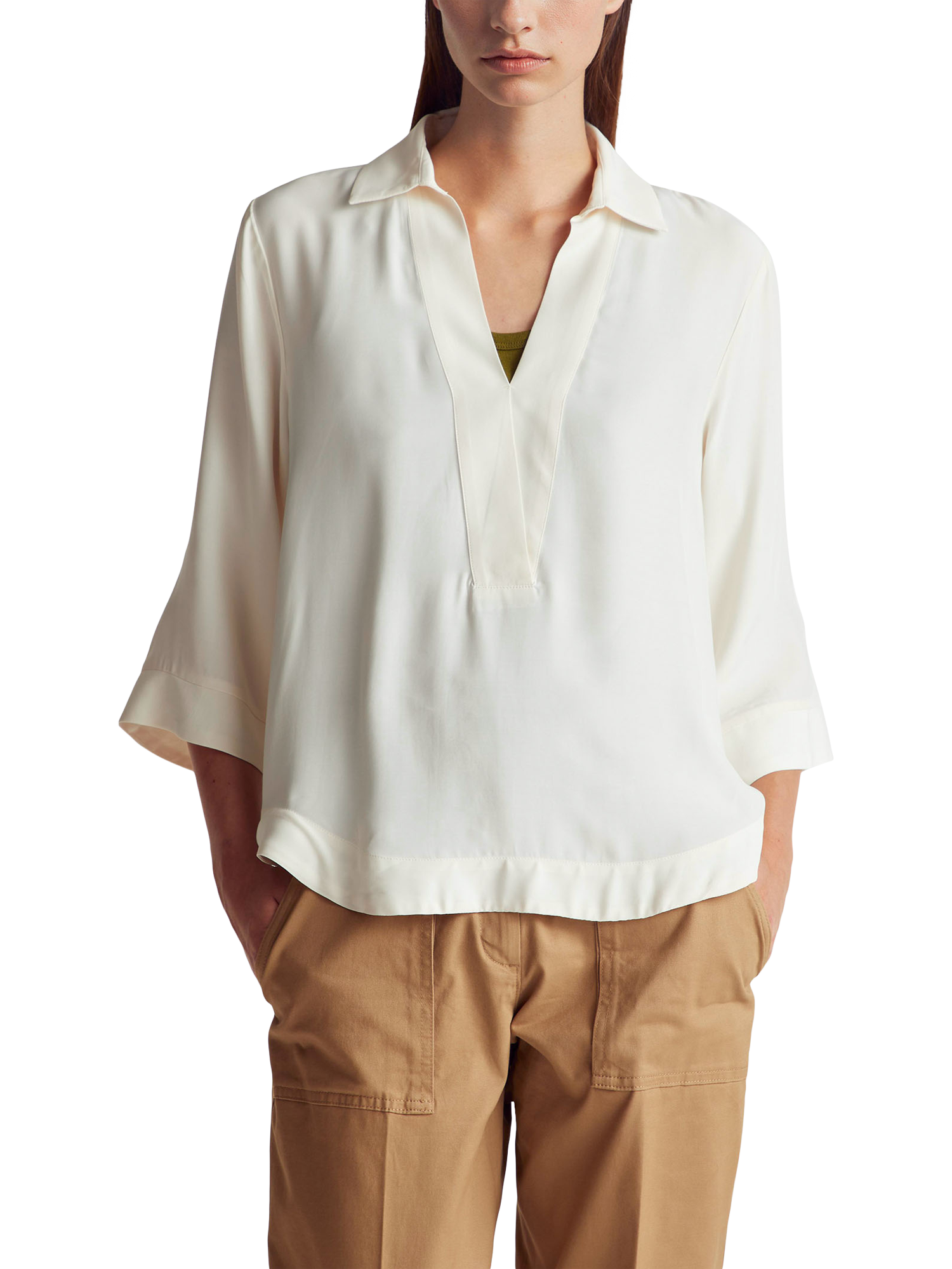 Product image 1 of 3, which shows Benetton Loose Fit V-Neck Blouse , White, S