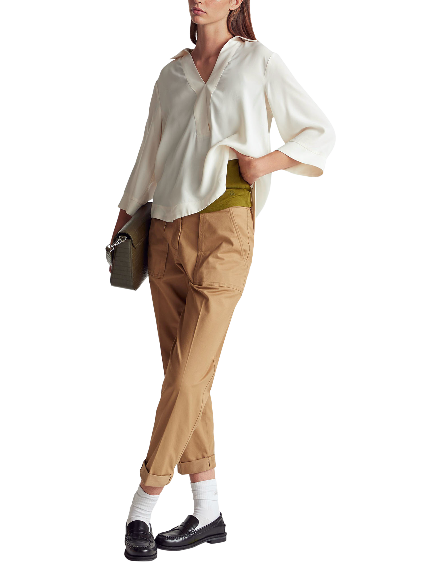 Product image 3 of 3, which shows Benetton Loose Fit V-Neck Blouse , White, S