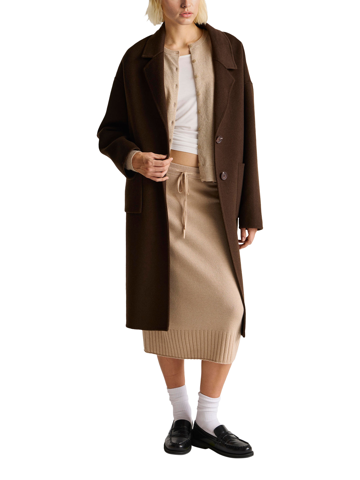 Product image 1 of 3, which shows Benetton Longline Wool Blend V-Neck Coat , Brown, XS