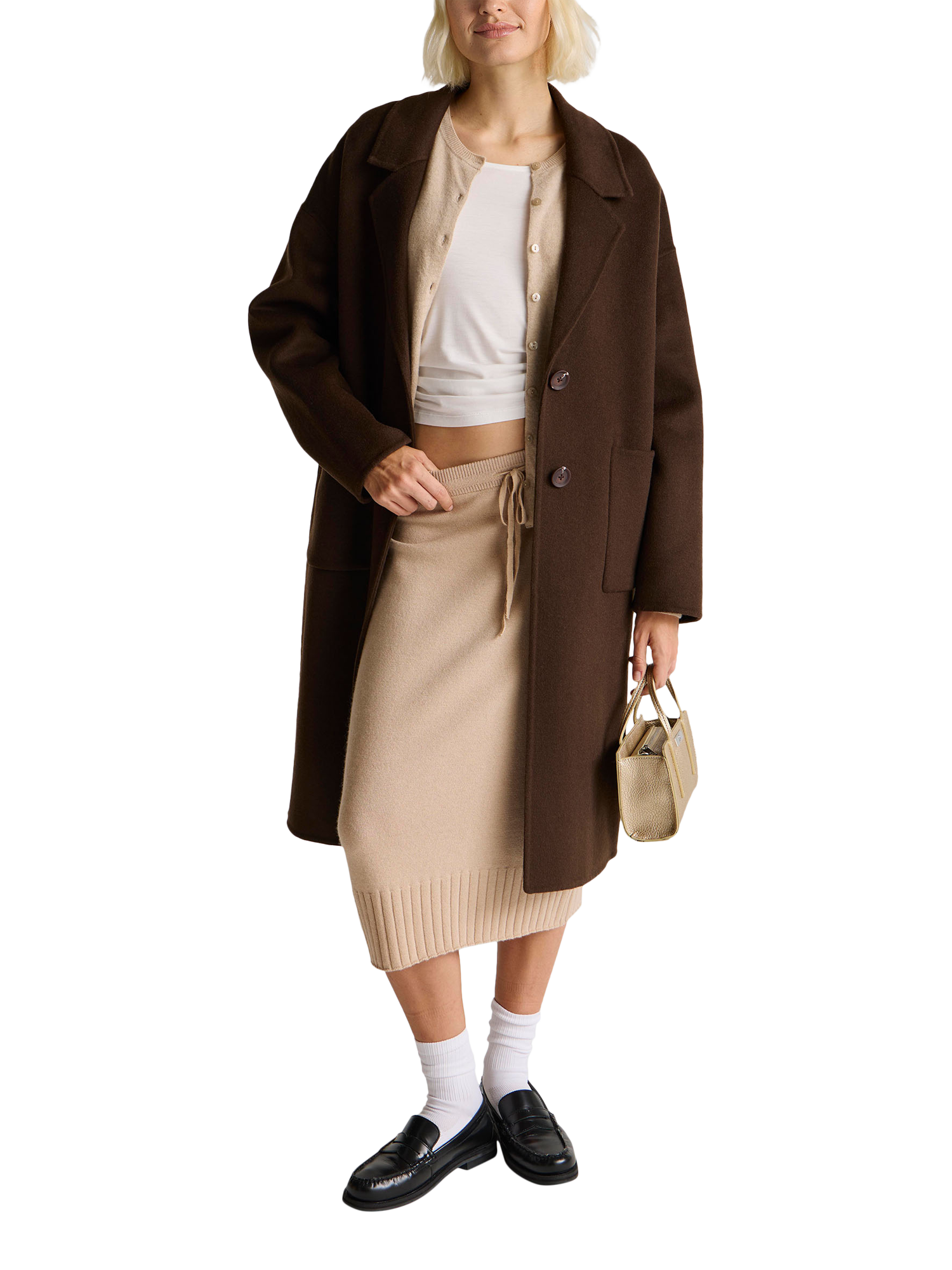 Product image 3 of 3, which shows Benetton Longline Wool Blend V-Neck Coat , Brown, XS