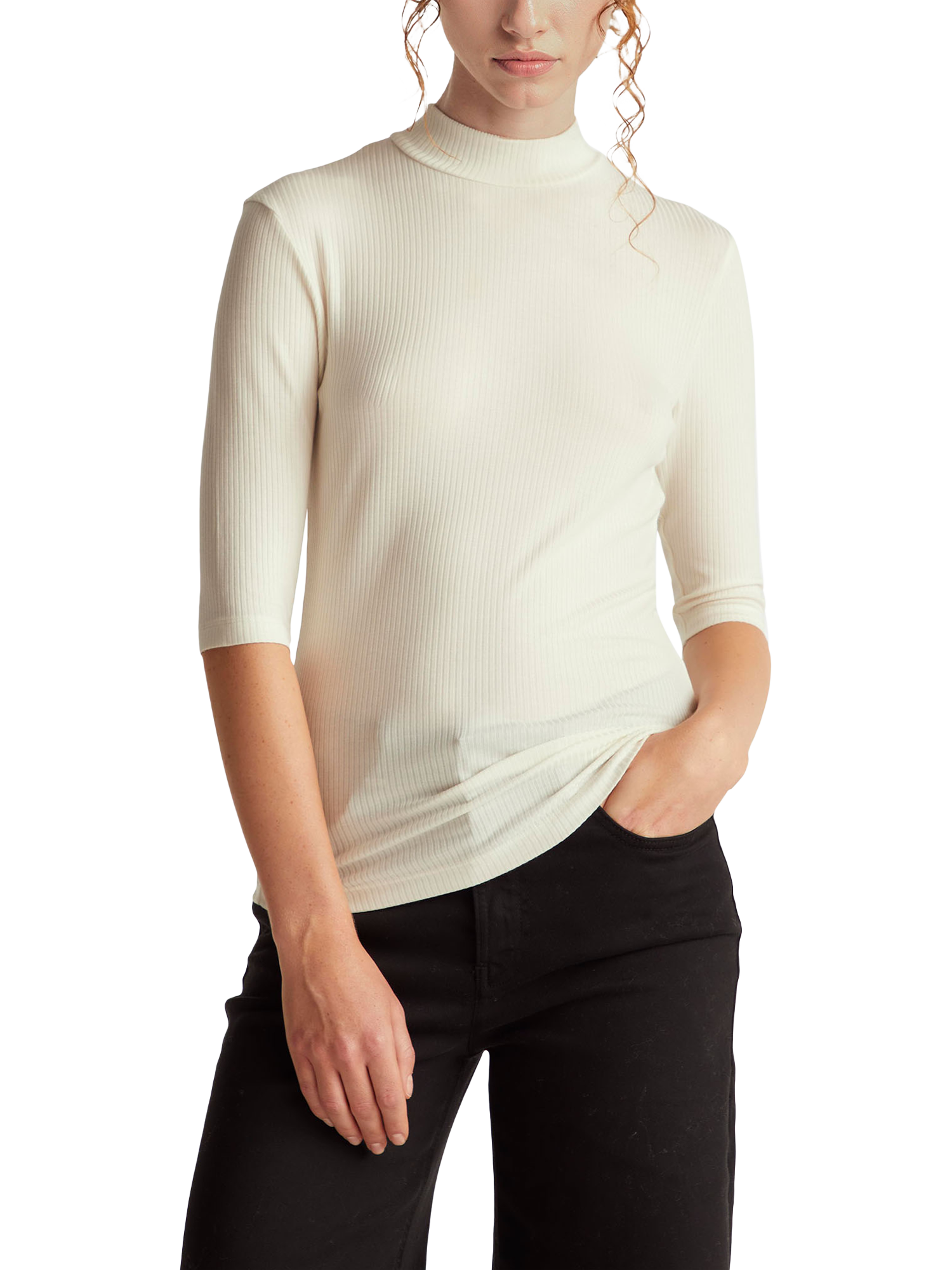 Product image 1 of 5, which shows Benetton Slim Fit High Neck Ribbed Top, White, XS