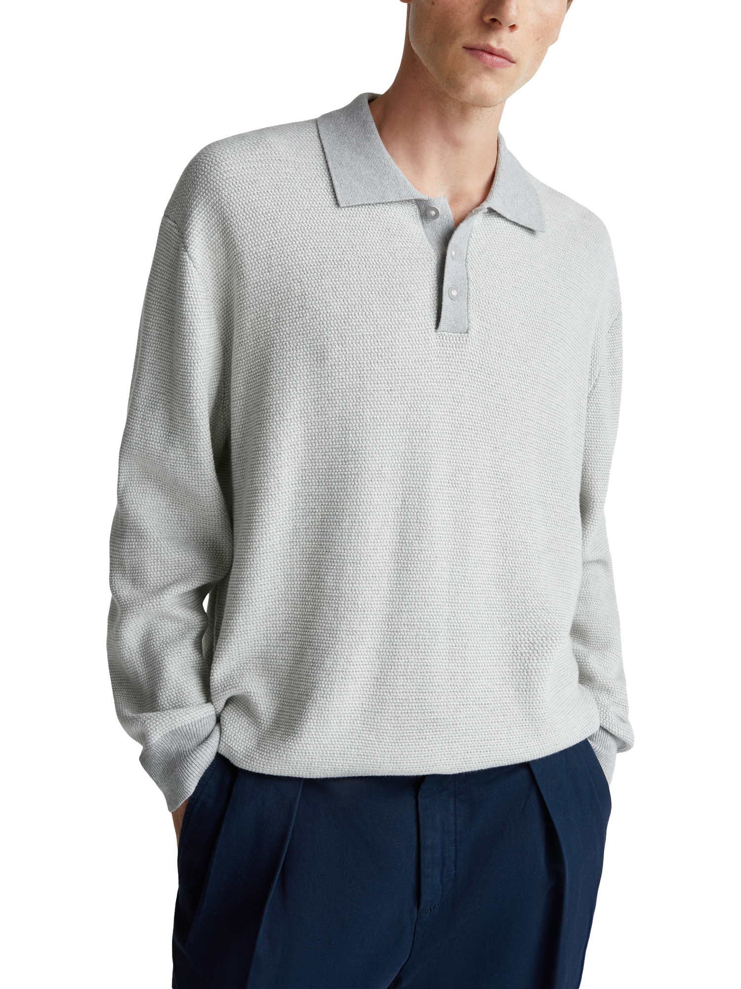 Product image 1 of 6, which shows Benetton Cotton Knit Polo Shirt, Grey, XXL