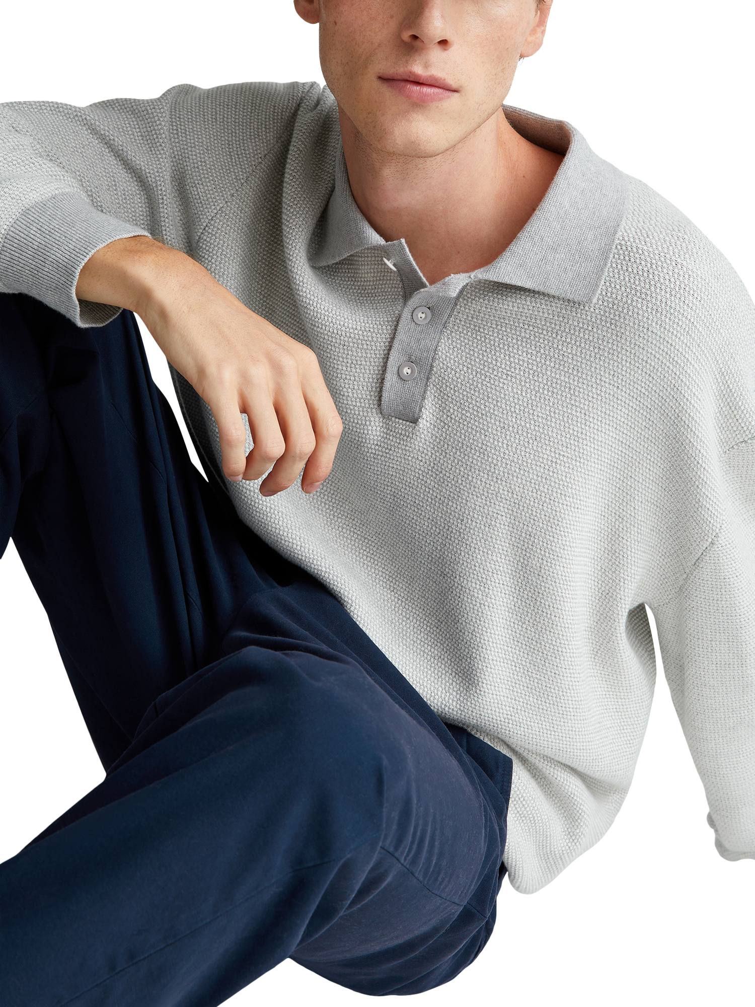 Product image 3 of 6, which shows Benetton Cotton Knit Polo Shirt, Grey, XXL