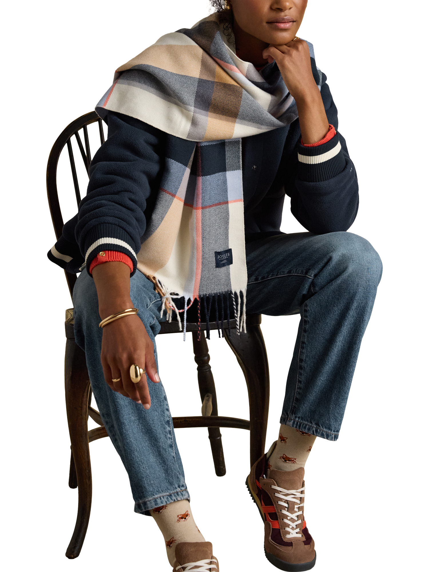 Product image 2 of 5, which shows Joules Langtree Check Scarf, Cream/Navy, One Size