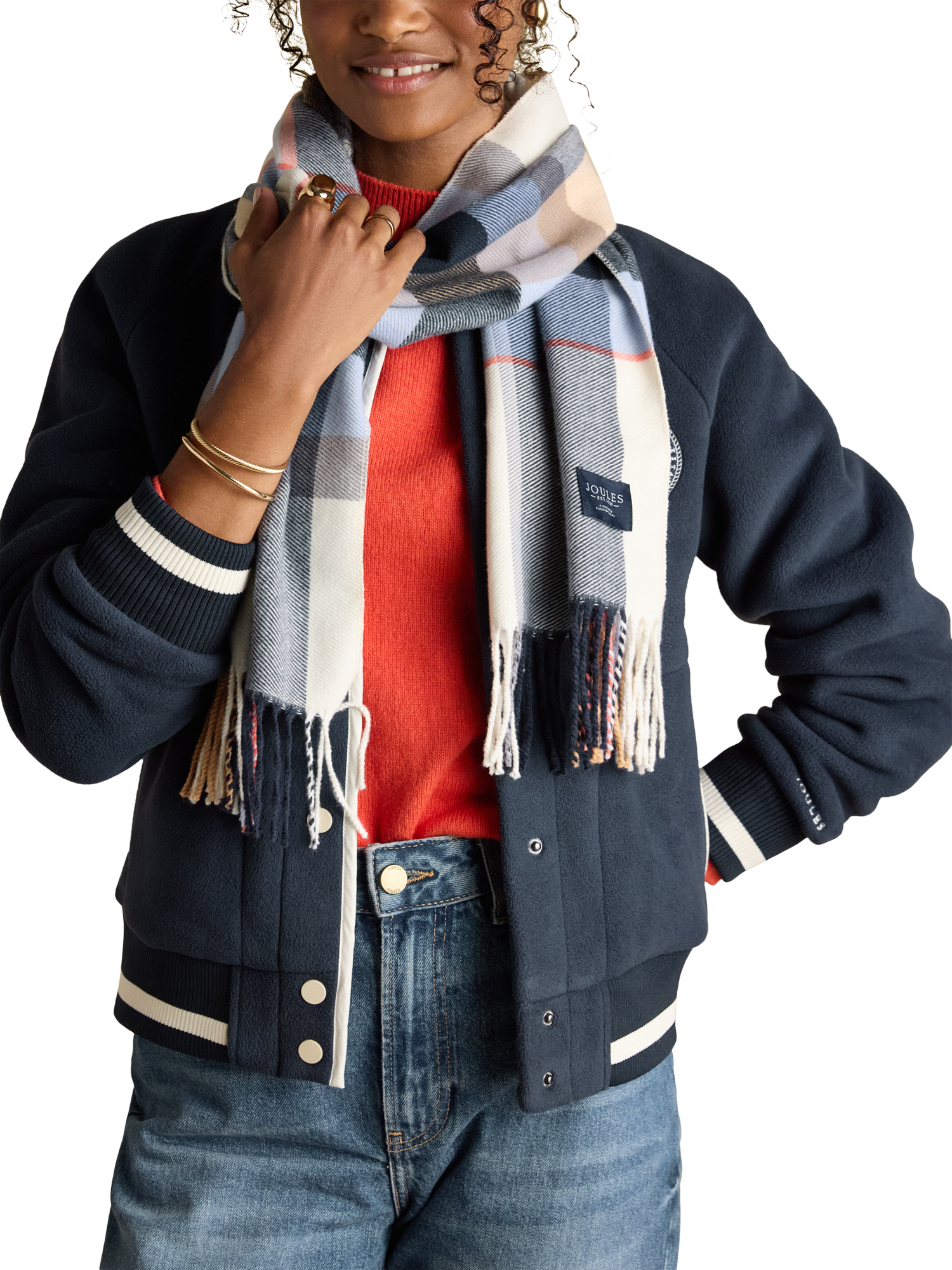 Product image 3 of 5, which shows Joules Langtree Check Scarf, Cream/Navy, One Size