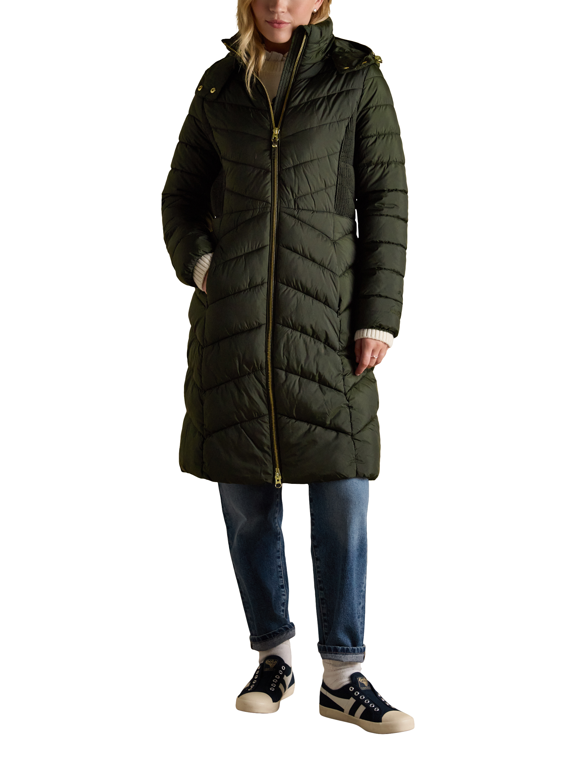 Product image 1 of 10, which shows Joules Chevron Showerproof Longline Coat, Khaki, 6