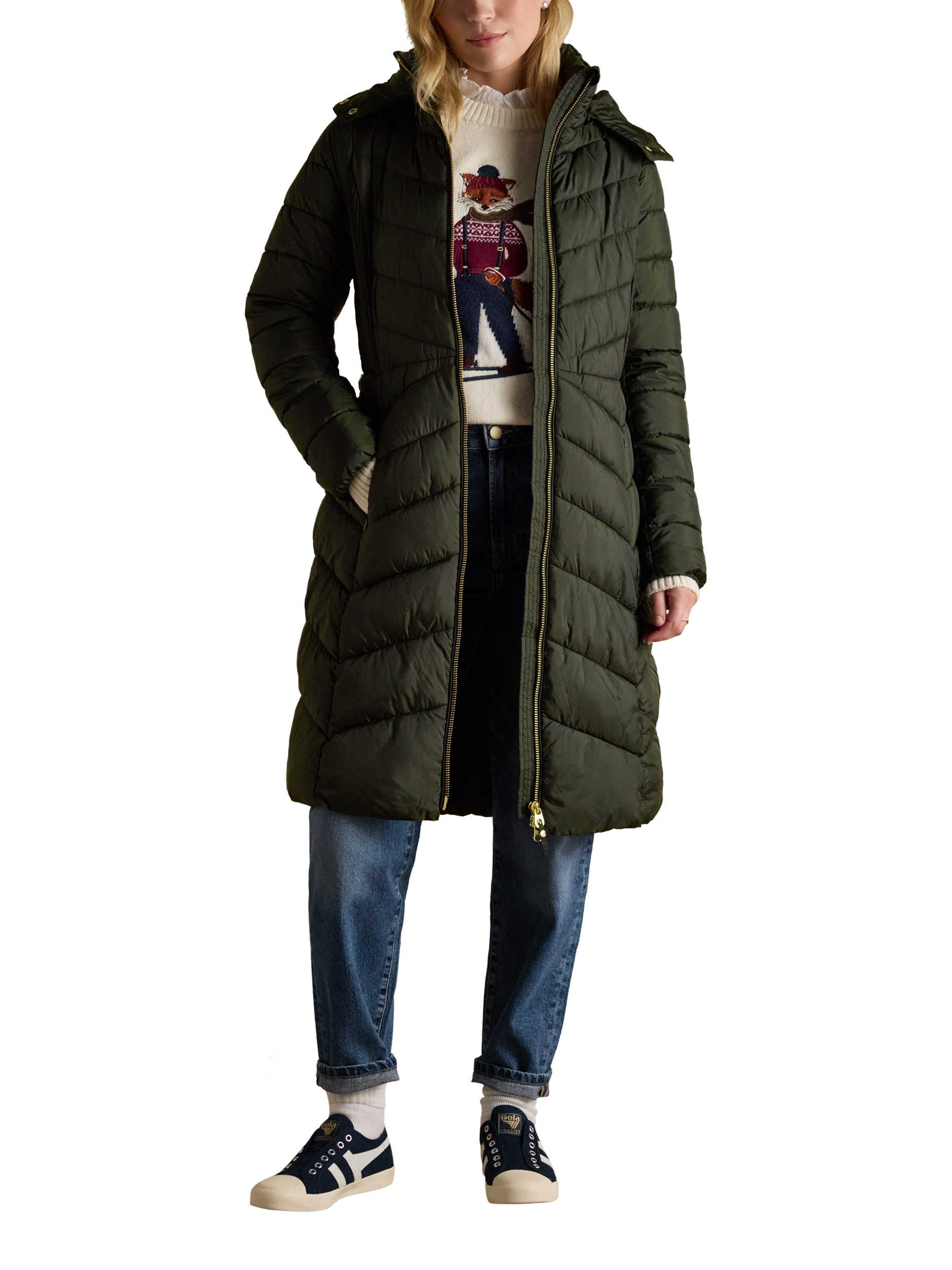 Product image 5 of 10, which shows Joules Chevron Showerproof Longline Coat, Khaki, 6