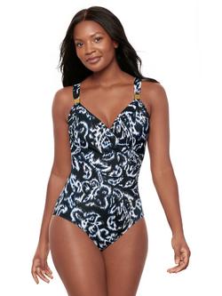 Miraclesuit Siren Adorn Print Shirred Waist Swimsuit, Black/White