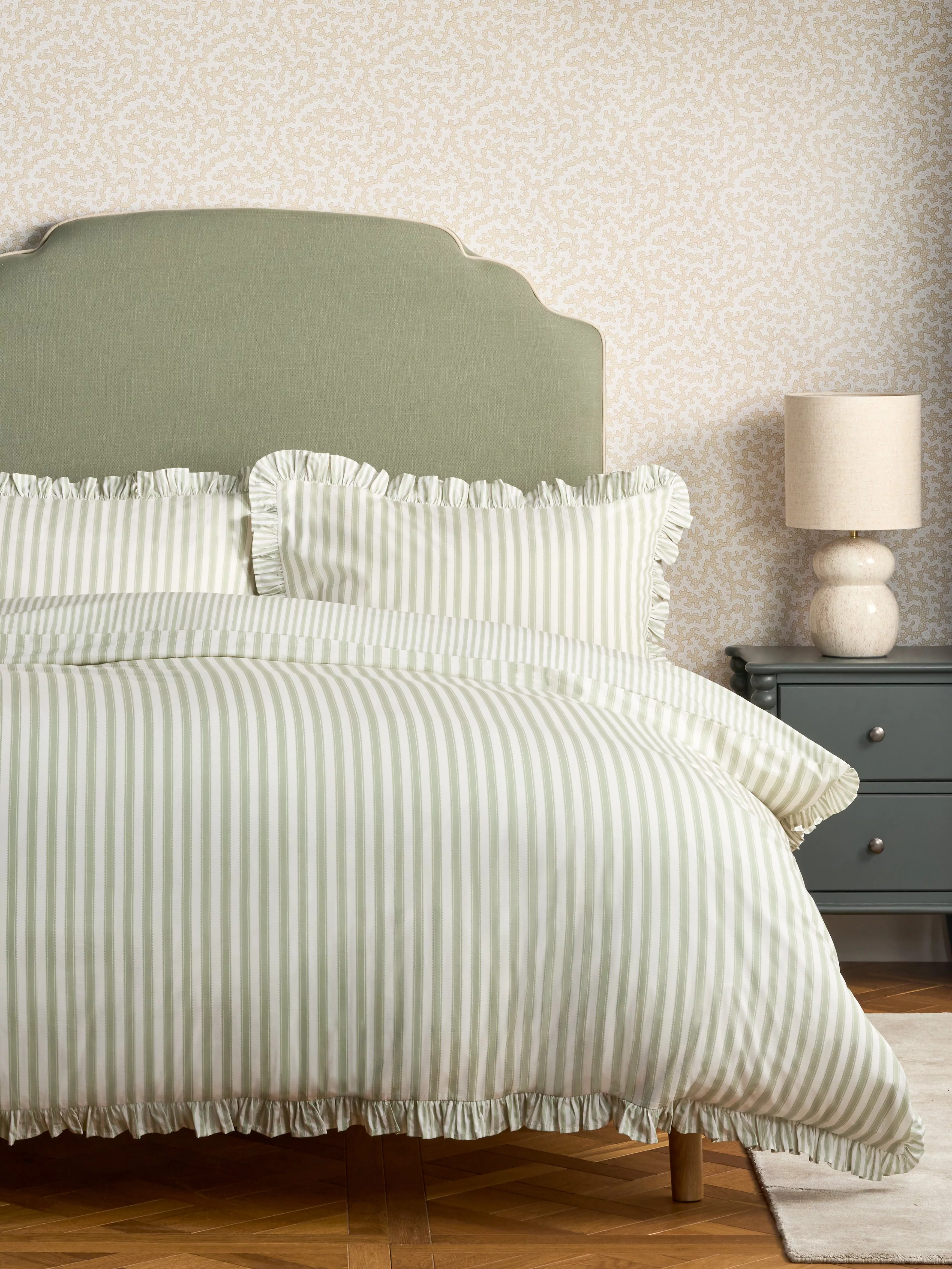 Pinstriped blue and white bedding