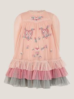 Monsoon Baby Floral Embroidered Tulle Tiered Dress, Pink, Pink