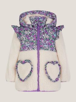Monsoon Baby Faux Shearling Floral Fairy Jacket, Purple, Purple