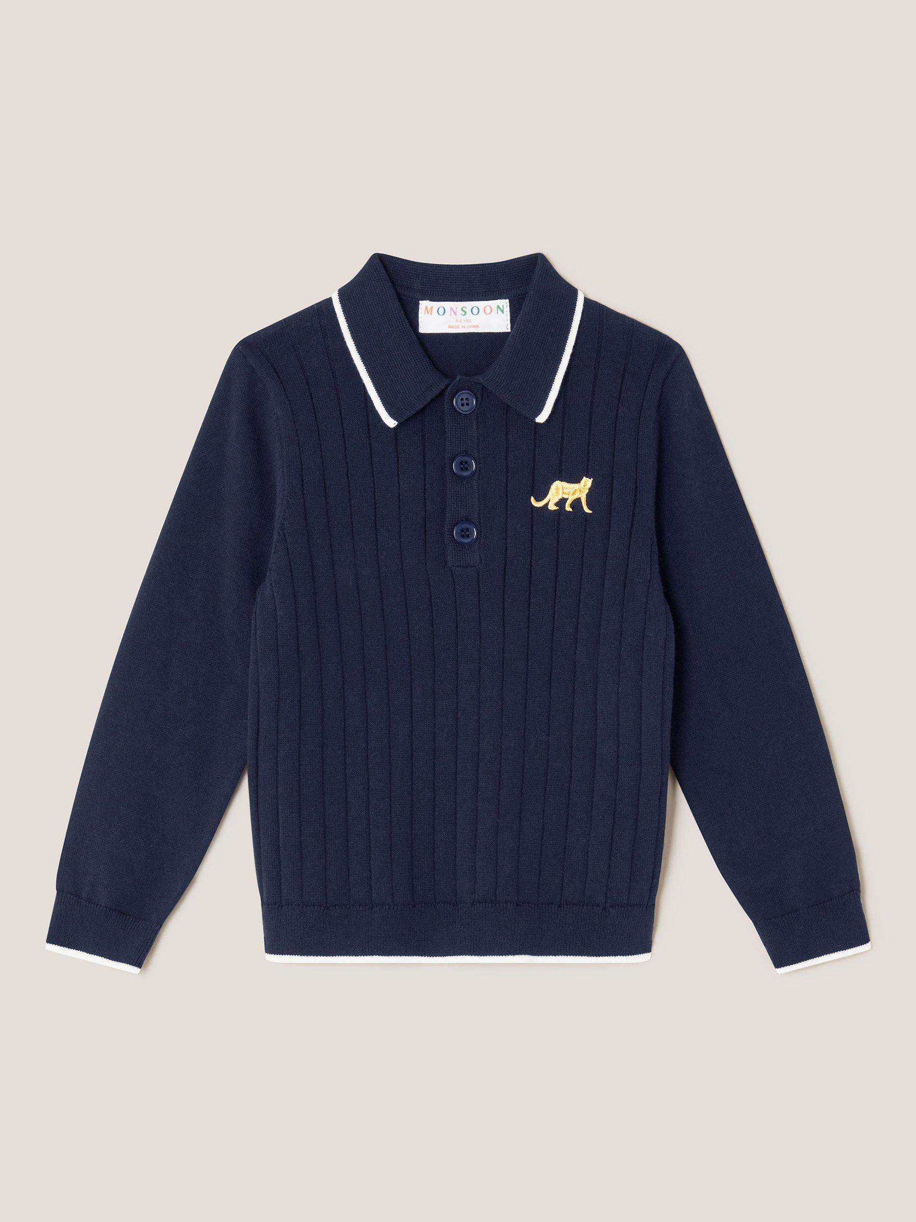 Product image 1 of 3, which shows Monsoon Kids' Rib Knit Polo Jumper, Navy, 2-3 years