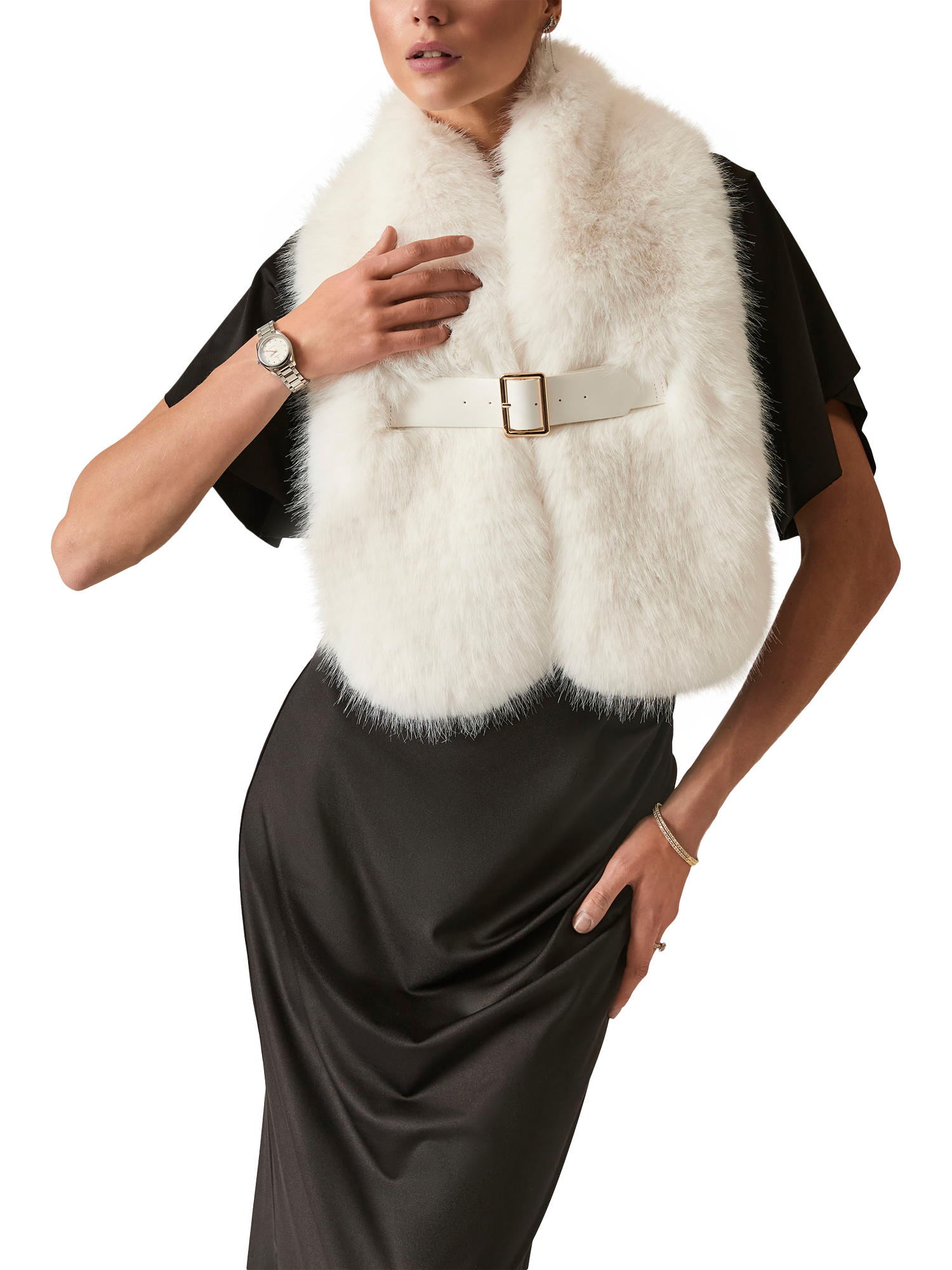 James Lakeland Buckled Faux Fur Collar, Cream