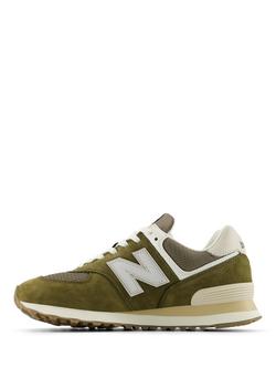 New Balance 574 Leather Lace-Up Trainers, Olive - view 2, Olive