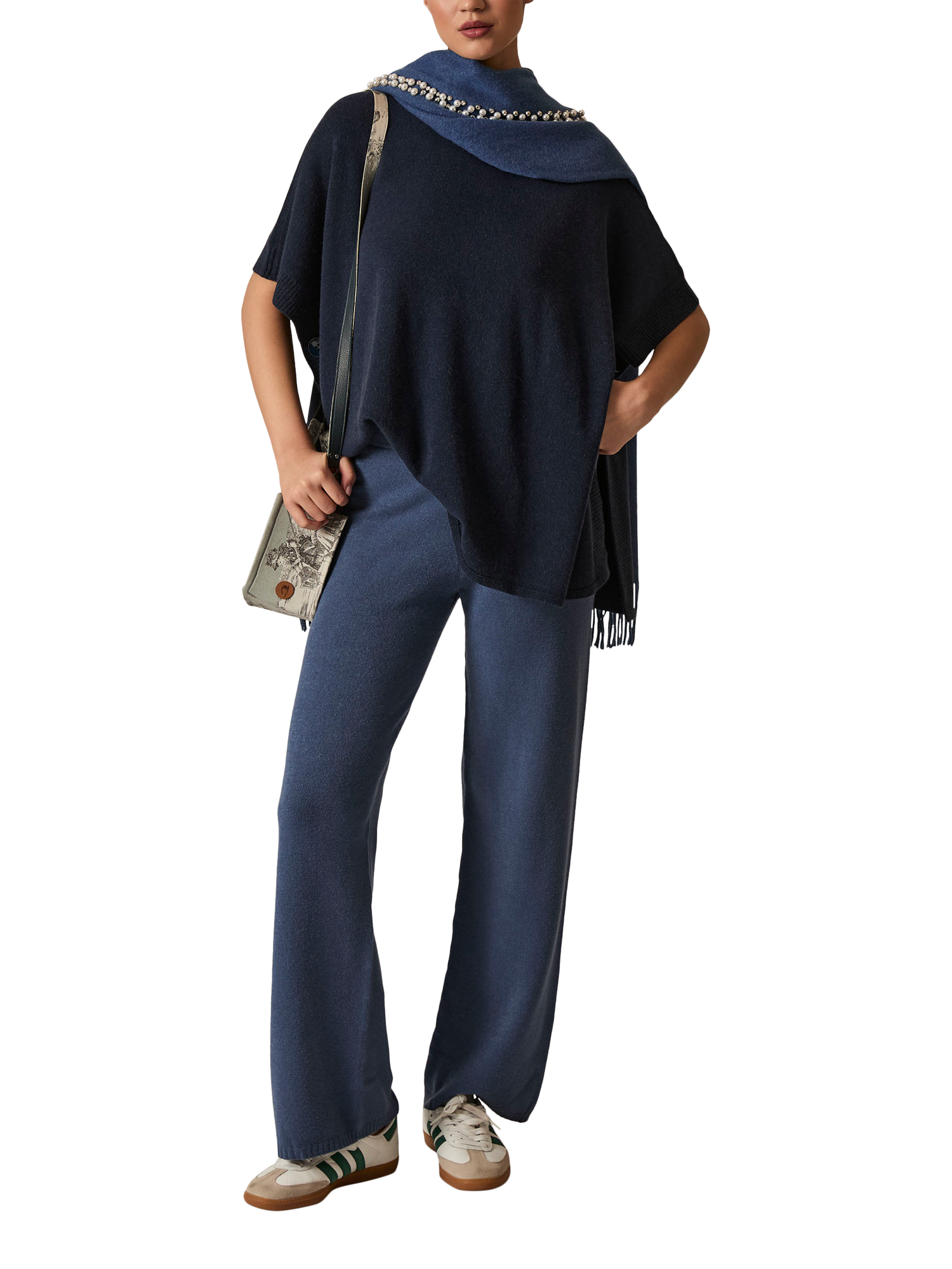 Product image 1 of 5, which shows James Lakeland Short Sleeve Poncho, Navy, One Size