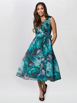 Gina Bacconi May Floral Midi Dress, Black/Teal, Black/Teal
