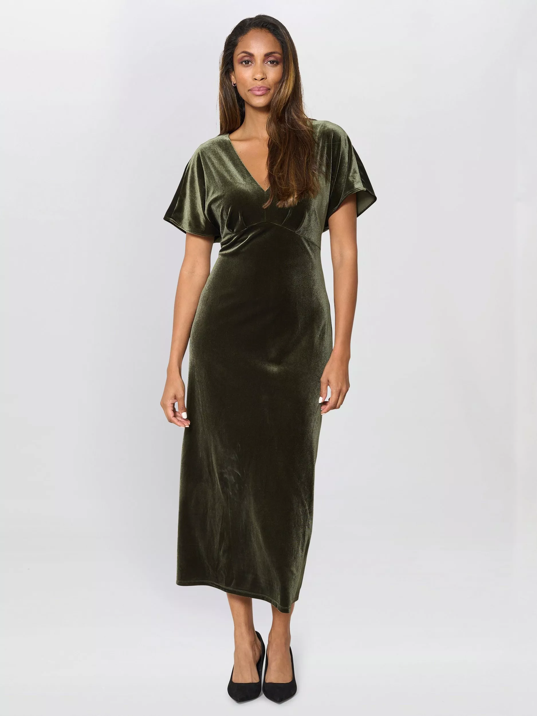 slim fit dress slacks Yumi Green Velvet Wrap Midi Dress With Contrast Hemline main image 1