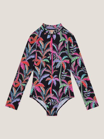 Monsoon Kids' Tropical UPF50+ Long Sleeve Swimsuit, Black, Black