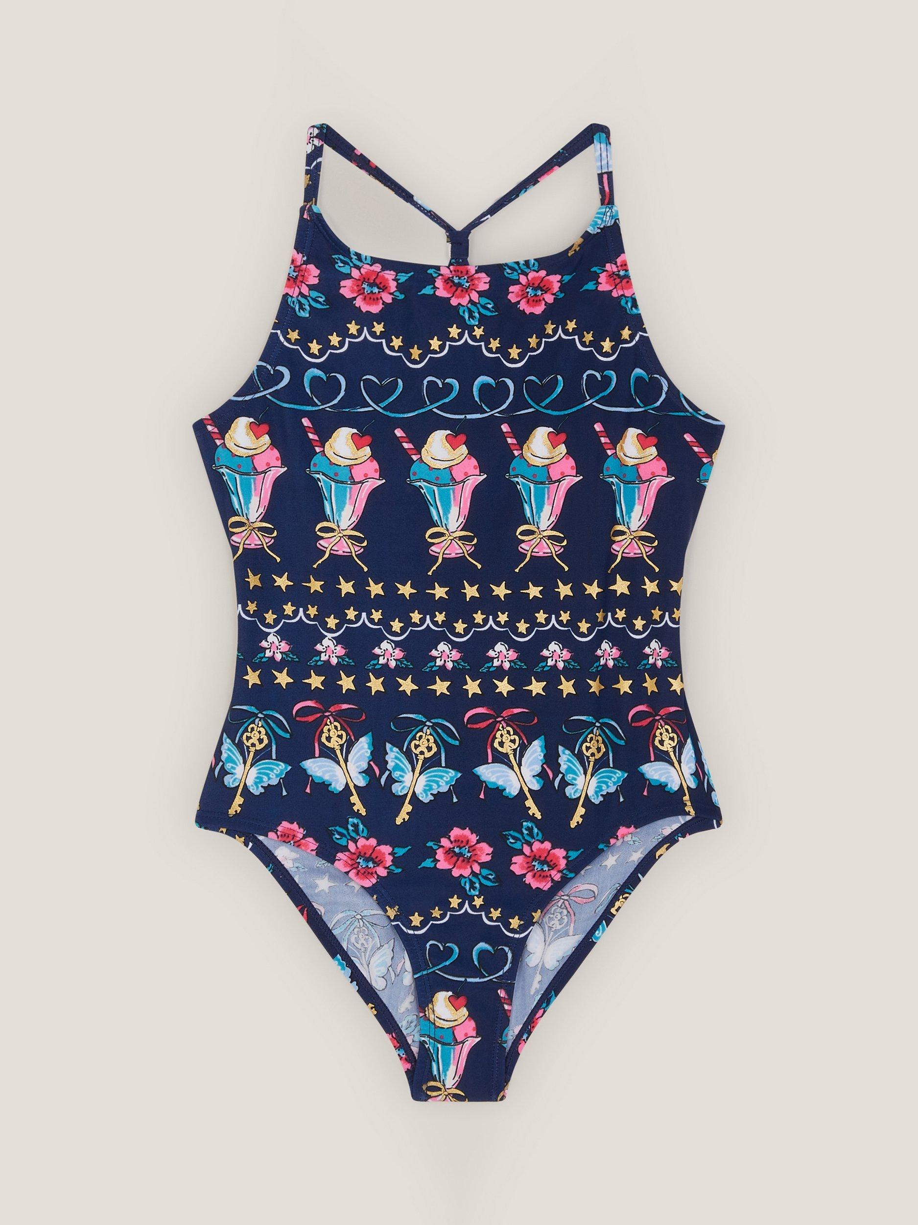 Product image 1 of 3, which shows Monsoon Kids' Ice Cream Swimsuit, Navy, 3-4 years