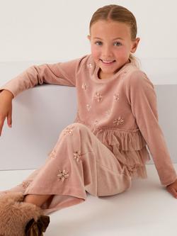 Monsoon Kids' Embellished Tulle Tiered Velour Top, Pink, Pink